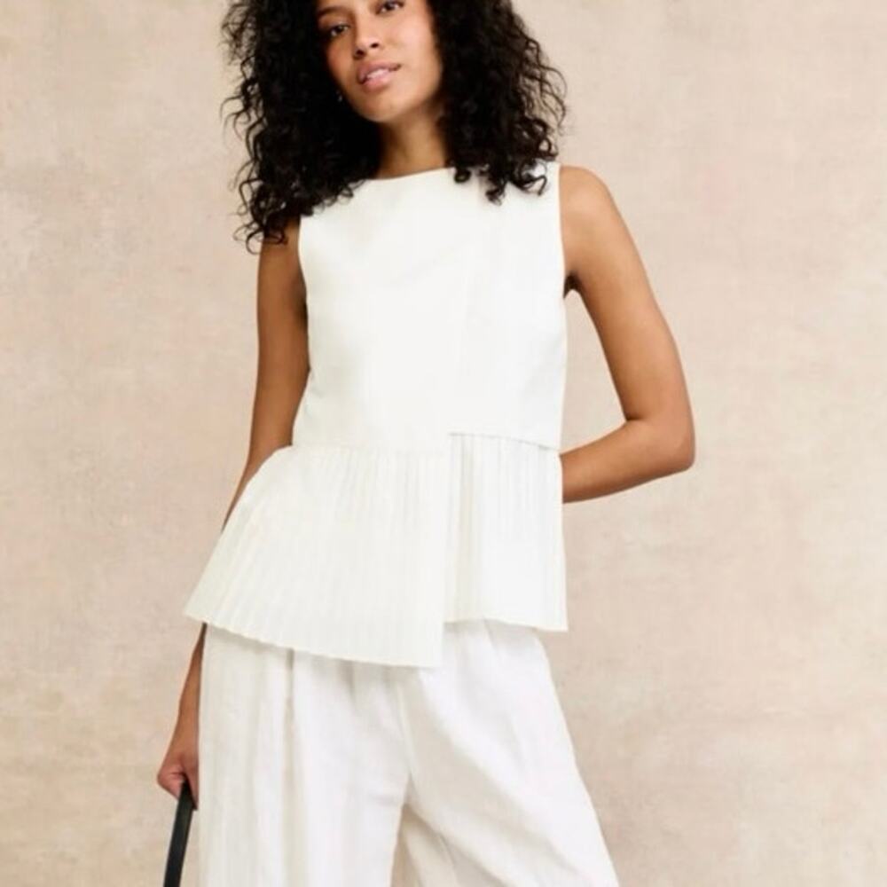 Milly Nyla Asymmetrical pleated Linen Top white  size Medium